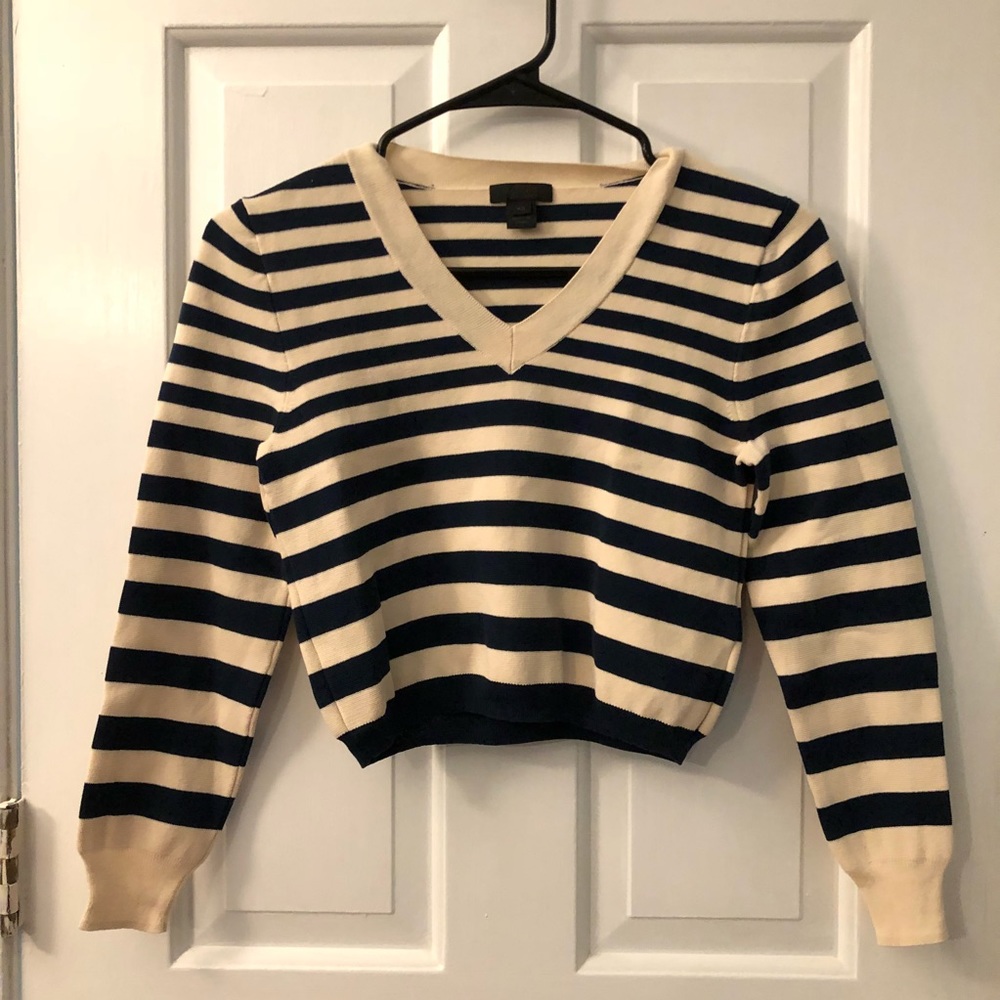 J Crew Navy Stripe Crop Long-sleeve Top